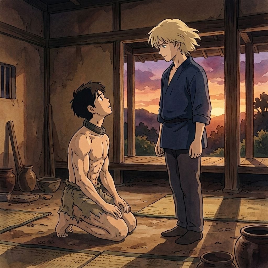 A kneeling man looking up at his master in awe