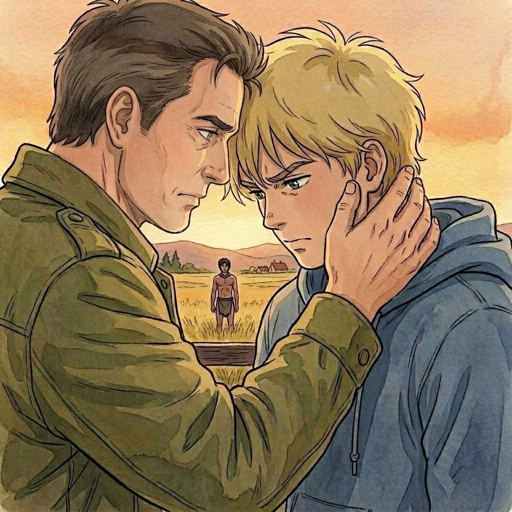 An older man resting his hand possessively on a younger man's neck