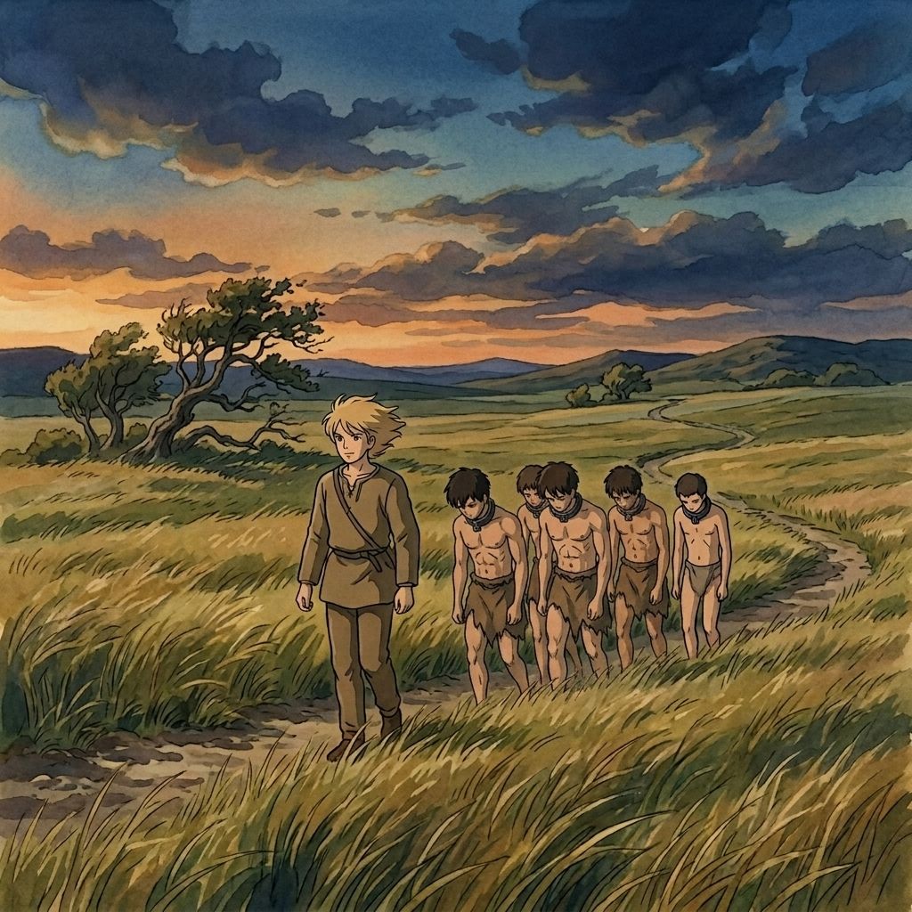 A lone figure leading a line of collared boys across a twilight field