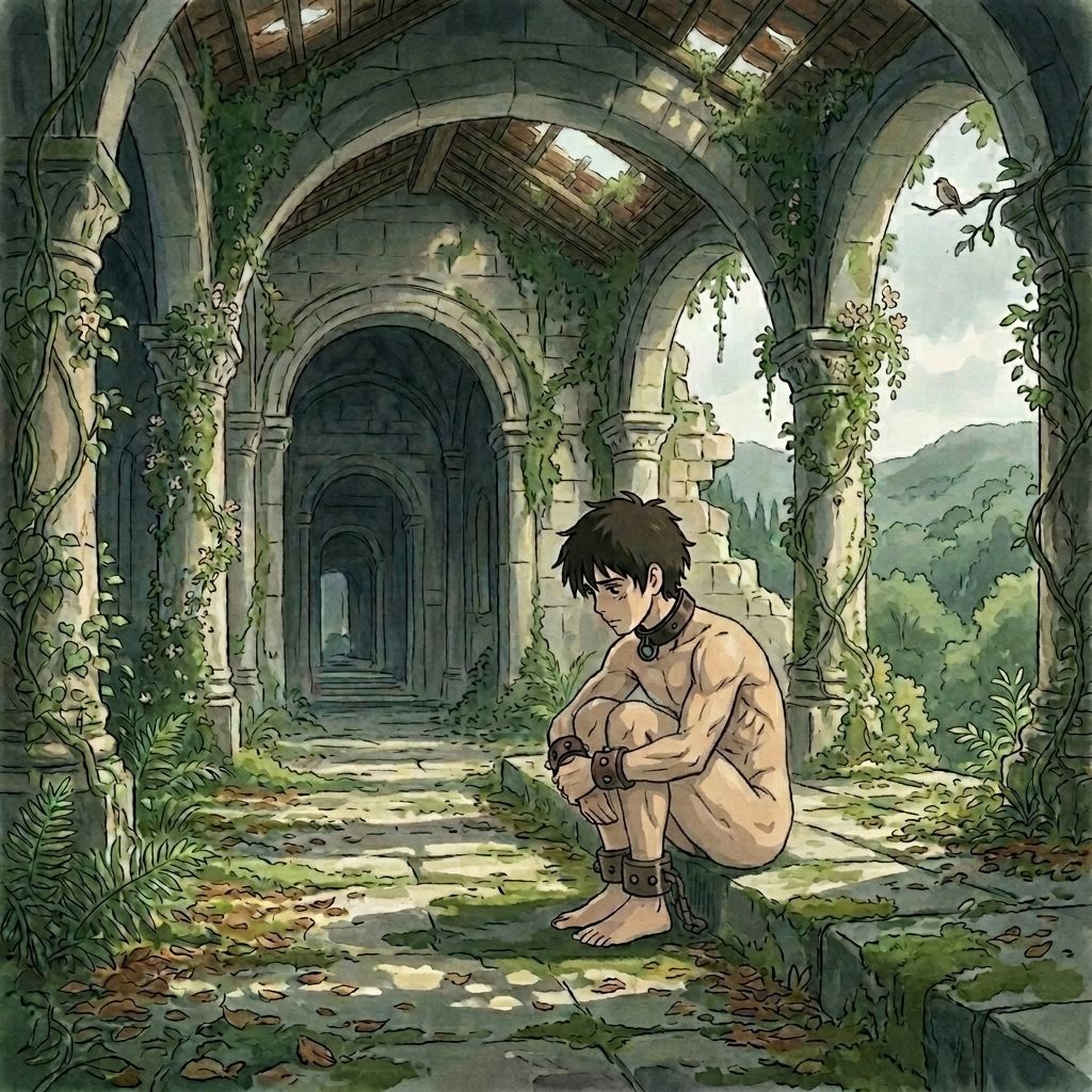 A collared captive at rest in a sunlit ruin